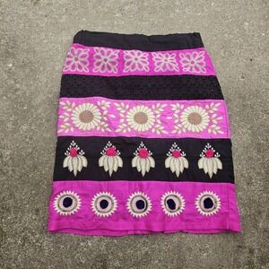 Leifsdottir Womens Size 4‎ Skirt Embroidered Pink Black Boho Festival Silk Blend